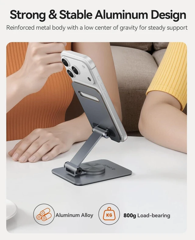 Alt view image 10 of 14 - ORICO Aluminum Phone Stand for Desk, Adjustable Metal Phone Holder with Stable Support and Smooth 360° Rotation for Smartphones up to 6.9 Inches Gray (PS2)