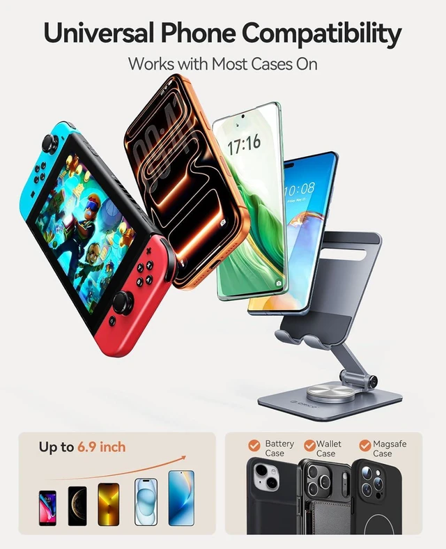 Alt view image 12 of 14 - ORICO Aluminum Phone Stand for Desk, Adjustable Metal Phone Holder with Stable Support and Smooth 360° Rotation for Smartphones up to 6.9 Inches Gray (PS2)
