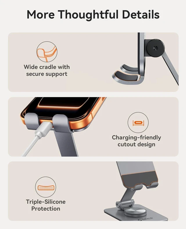 Alt view image 13 of 14 - ORICO Aluminum Phone Stand for Desk, Adjustable Metal Phone Holder with Stable Support and Smooth 360° Rotation for Smartphones up to 6.9 Inches Gray (PS2)