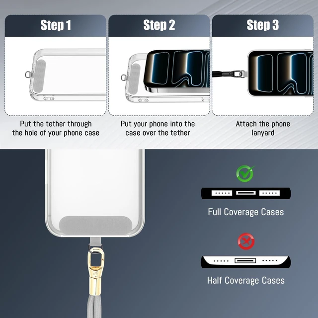 Alt view image 2 of 7 - Yun Mao Phone Lanyard 2 Pack with 2 Tether Tabs, Adjustable Crossbody Cell Phone Strap, Anti-Theft Multifunctional Patch Lanyards Compatible with iPhone Samsung & All Smartphones, Black + Silver Gr