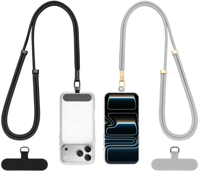 Main image of Yun Mao Phone Lanyard 2 Pack with 2 Tether Tabs, Adjustable Crossbody Cell Phone Strap, Anti-Theft Multifunctional Patch Lanyards Compatible with iPhone Samsung & All Smartphones, Black + Silver Gr
