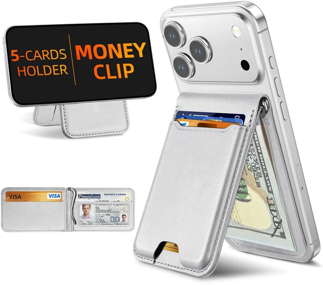 Main image of For Magsafe Wallet with Money Clip, 5 Card Holder, Adjustable Stand | Strongest Magnetic Wallet for iPhone 17/16/15/14/13/12 Series, ID Window, RFID Blocking, Not for 13/12 Mini, Light Gray