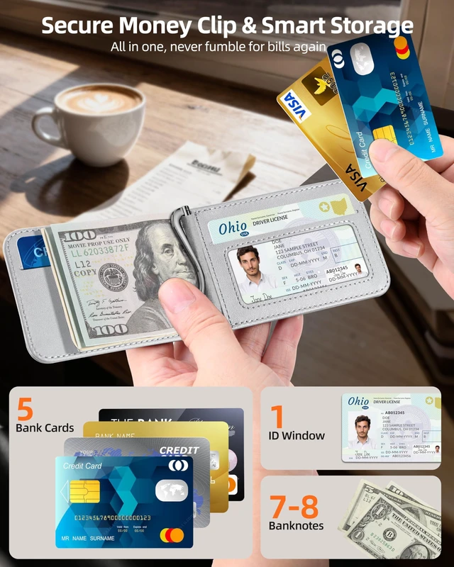 Alt view image 2 of 7 - For Magsafe Wallet with Money Clip, 5 Card Holder, Adjustable Stand | Strongest Magnetic Wallet for iPhone 17/16/15/14/13/12 Series, ID Window, RFID Blocking, Not for 13/12 Mini, Light Gray