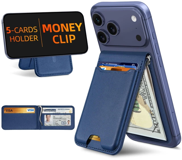 Main image of For Magsafe Wallet with Money Clip, 5 Card Holder, Adjustable Stand | Strongest Magnetic Wallet for iPhone 17/16/15/14/13/12 Series, ID Window, RFID Blocking, Not for 13/12 Mini, Navy Blue