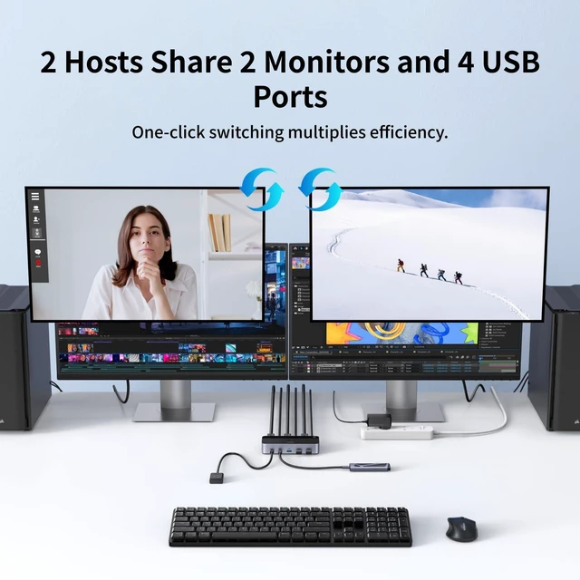 Alt view image 2 of 5 - UGREEN HDMI KVM Switch 2 Monitors 2 Computers 4K@60Hz, with 4 USB 3.0 Ports for 2 Computers Sharing 2 Monitors Keyboard Mouse Printer with 4 HDMI Cables, 2 USB Cables, Power Adapter and Controller