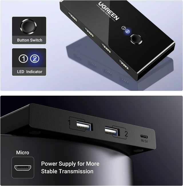 Alt view image 6 of 7 - Vszerda USB Switch Selector 2 Computers Sharing 4 USB Devices USB 2.0 Peripheral Switcher Box Hub for Mouse Keyboard Scanner Printer PCs with One-Button Swapping and 2 Pack USB A to A Cable