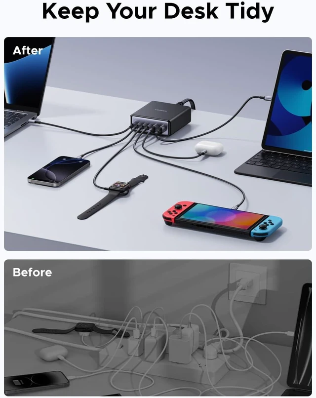 Alt view image 7 of 7 - UGREEN 100W USB C Charging Station, 6-Port GaN Desktop Charger with 4 USB-C & 2 USB-A, Smart Power Distribution for MacBook Pro/Air, Dell XPS, iPad, iPhone 17/16/15, Galaxy S25/S24, Pixel 10/9
