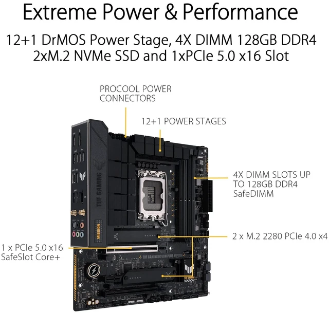 Alt view image 8 of 10 - ASUS TUF GAMING B760M-PLUS WIFI 6 D4 Intel(13th and 12th Gen)LGA 1700 mATX motherboard,PCIe 5.0,2xPCIe 4.0 M.2 slots,DDR4,2.5Gb LAN,USB 3.2 Gen 2x2 Type-C,front USB 3.2 Type-C,Thunderbolt (USB4(r))