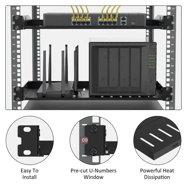 Alt view image 5 of 7 - 1U Server Rack Shelf, 2-Pack Universal Vented Server Cabinet Shelf, Cantilever Tray for 19" Network Equipment Rack Mount
