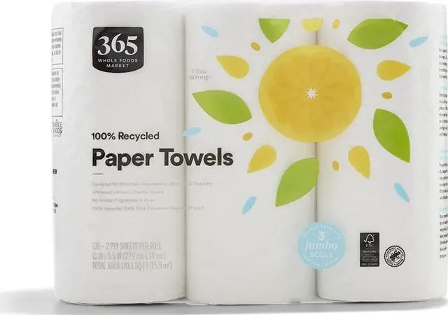 Main image of 100% Recycled Jumbo Paper Towels, Ultra-Strong, 135 Sheets per Roll, 3 Count
