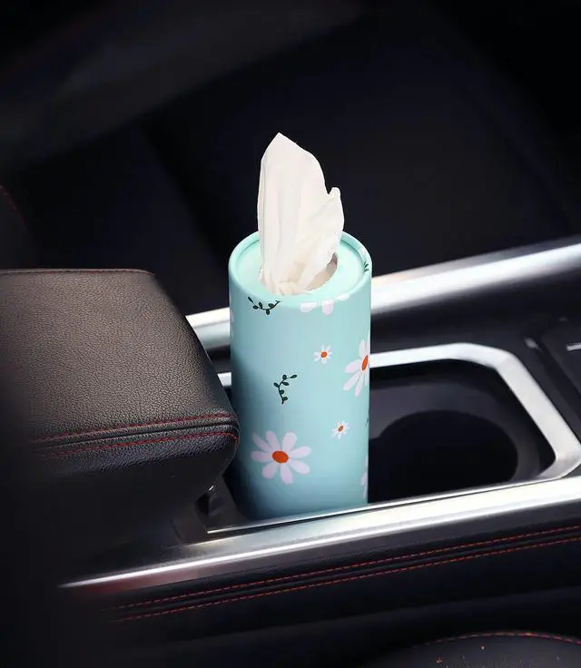 Alt view image 4 of 7 - Car Tissue Holder with Facial Tissues Bulk - 4 PK Car Tissues Cylinder, Tissue Holder for Car, Travel Tissues for Car Cup Holder, Refill Car Tissue Box Round Container