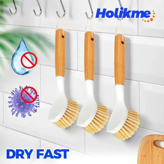 Alt view image 5 of 6 - 3 Pack Dish Brush with Bamboo Handle Cleaning Brush,Yellow
