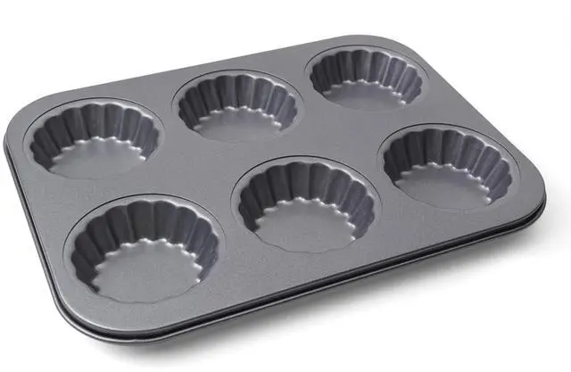 Main image of Mini Tart Pan, 2.75" Egg Tart Molds 6-Cavity Non Stick Fluted Mini Tart Mould, Reusable Quiche Bakeware Carbon Steel for Pies, Quiche, Cheese Cakes, Desserts(Not Included Cutting Mold)
