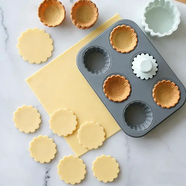 Alt view image 3 of 7 - Mini Tart Pan, 2.75" Egg Tart Molds 6-Cavity Non Stick Fluted Mini Tart Mould, Reusable Quiche Bakeware Carbon Steel for Pies, Quiche, Cheese Cakes, Desserts(Not Included Cutting Mold)