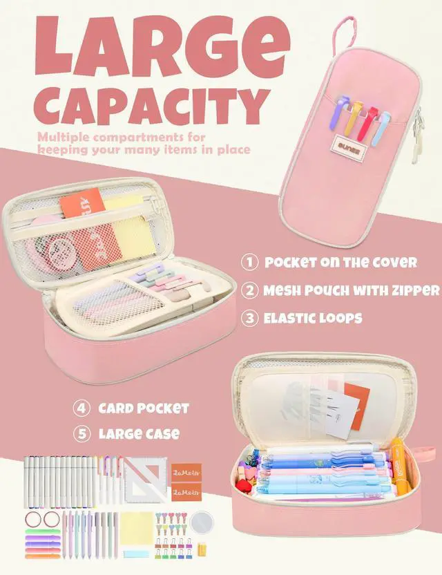Alt view image 2 of 7 - Cute Pencil Case, Aesthetic Pen Pouch, Colored Large Pencil Bag with Zipper, Kawaii Stationery Storage and Organizer, School Supplies for Teen and Adult Girls, Pink