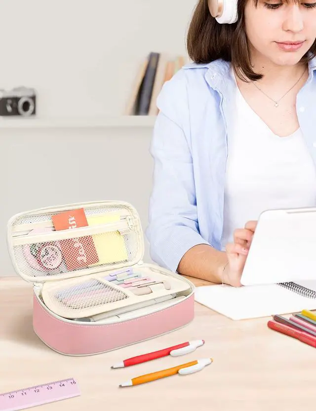 Alt view image 7 of 7 - Cute Pencil Case, Aesthetic Pen Pouch, Colored Large Pencil Bag with Zipper, Kawaii Stationery Storage and Organizer, School Supplies for Teen and Adult Girls, Pink