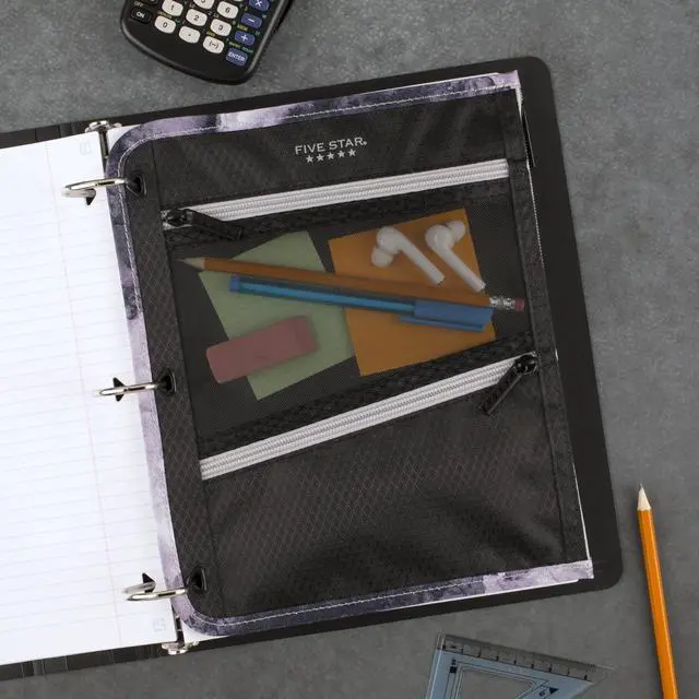 Alt view image 7 of 7 - Pencil Pouch, Pen Case, 3-Pocket Zipper Pouch, Fits 3-Ring Binder, Storage Organizer for Classroom Supplies Earbuds Chargers Cables Makeup, Black/Grey (506420A-ECM)