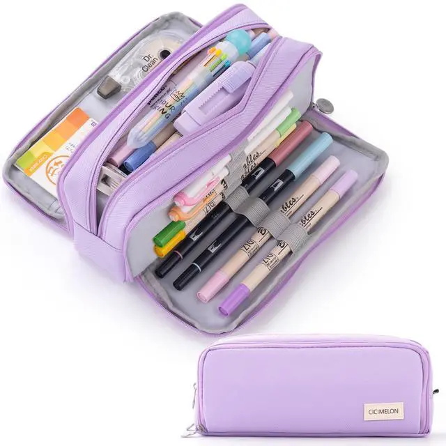 Main image of Large Capacity Pencil Case 3 Compartment Pouch Pen Bag for School Teen Girl Boy Men Women (Purple)