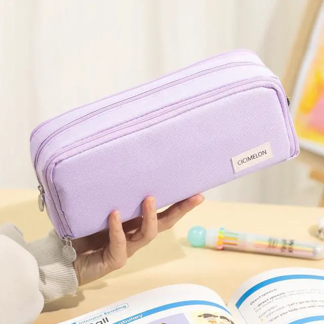 Alt view image 2 of 7 - Large Capacity Pencil Case 3 Compartment Pouch Pen Bag for School Teen Girl Boy Men Women (Purple)