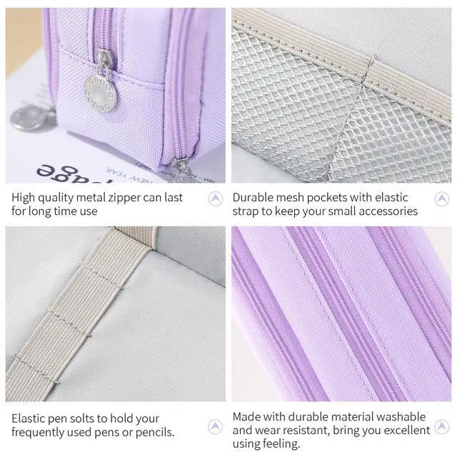 Alt view image 3 of 7 - Large Capacity Pencil Case 3 Compartment Pouch Pen Bag for School Teen Girl Boy Men Women (Purple)