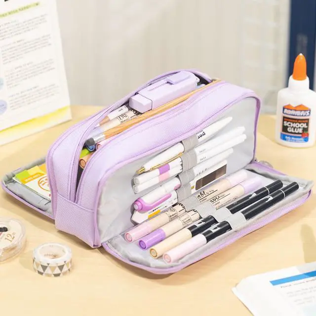 Alt view image 4 of 7 - Large Capacity Pencil Case 3 Compartment Pouch Pen Bag for School Teen Girl Boy Men Women (Purple)