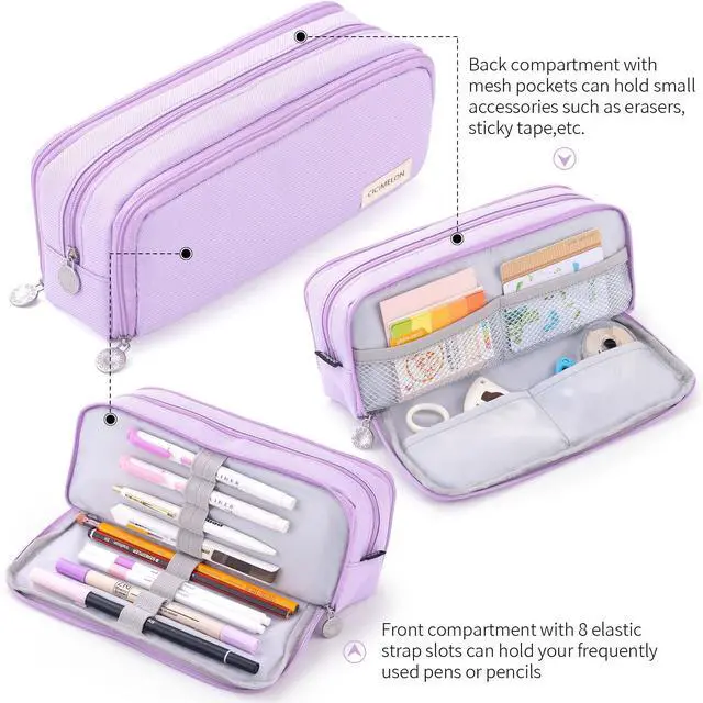 Alt view image 6 of 7 - Large Capacity Pencil Case 3 Compartment Pouch Pen Bag for School Teen Girl Boy Men Women (Purple)