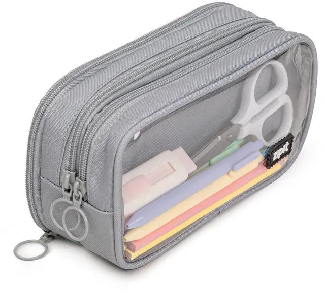 Main image of Half & Half Pencil Case, 3-Compartment Aesthetic Zipper Pouch, Grey