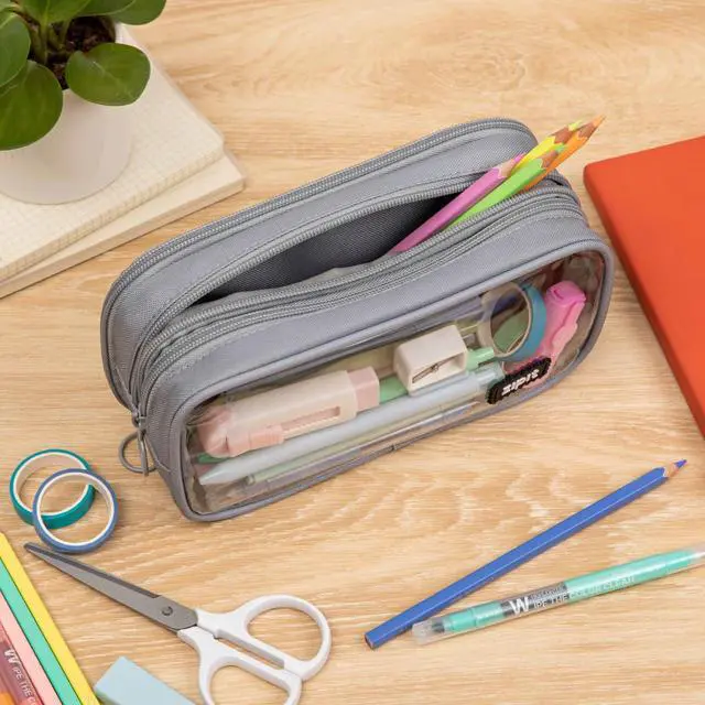 Alt view image 5 of 6 - Half & Half Pencil Case, 3-Compartment Aesthetic Zipper Pouch, Grey