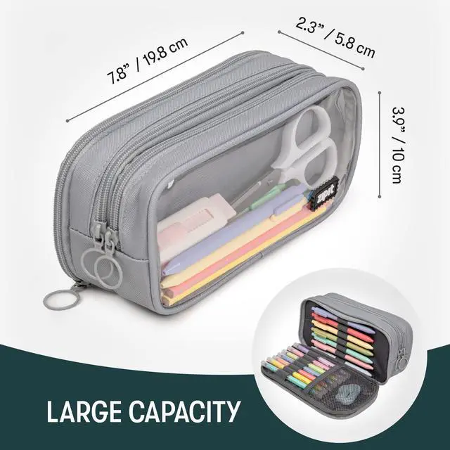 Alt view image 2 of 6 - Half & Half Pencil Case, 3-Compartment Aesthetic Zipper Pouch, Grey
