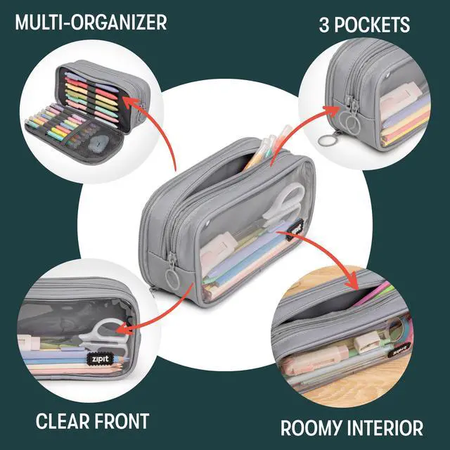 Alt view image 3 of 6 - Half & Half Pencil Case, 3-Compartment Aesthetic Zipper Pouch, Grey