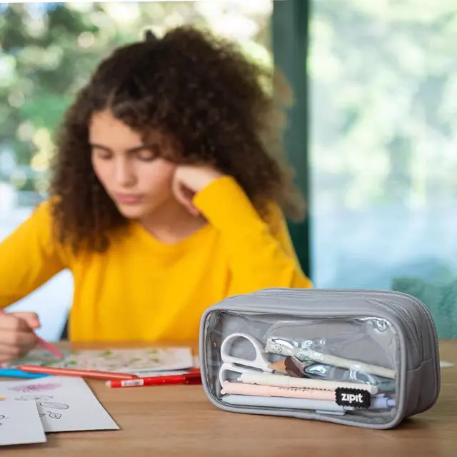 Alt view image 6 of 6 - Half & Half Pencil Case, 3-Compartment Aesthetic Zipper Pouch, Grey