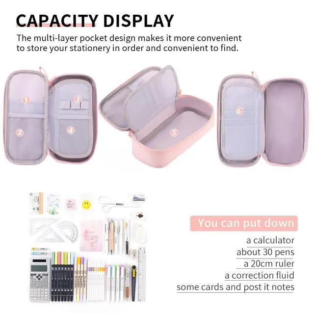 Alt view image 3 of 6 - Durable Pencil Case Big Storage Pen Pouch Bag for School Supplies Office College Teen Girls Adults, Pink