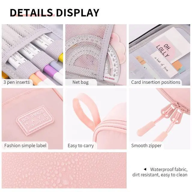Alt view image 5 of 6 - Durable Pencil Case Big Storage Pen Pouch Bag for School Supplies Office College Teen Girls Adults, Pink