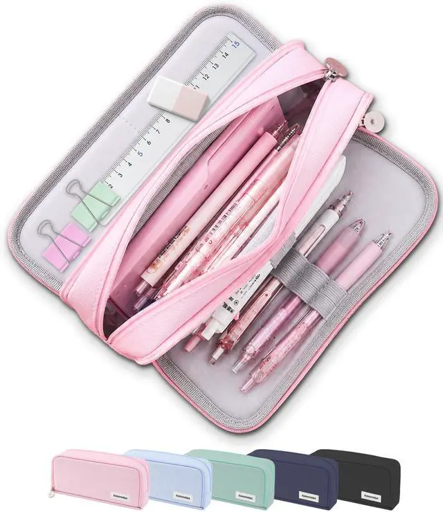 Main image of Cute Pencil Case, 3 Large Compartments Pencil Pouch, Elastic Pen Slots&Mesh Pockets for Stationery, Pencil Bag for School Supplies with Zipper for Girls Boy Women Teens Adults-Pink
