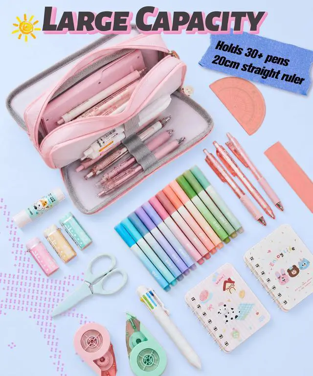 Alt view image 2 of 7 - Cute Pencil Case, 3 Large Compartments Pencil Pouch, Elastic Pen Slots&Mesh Pockets for Stationery, Pencil Bag for School Supplies with Zipper for Girls Boy Women Teens Adults-Pink