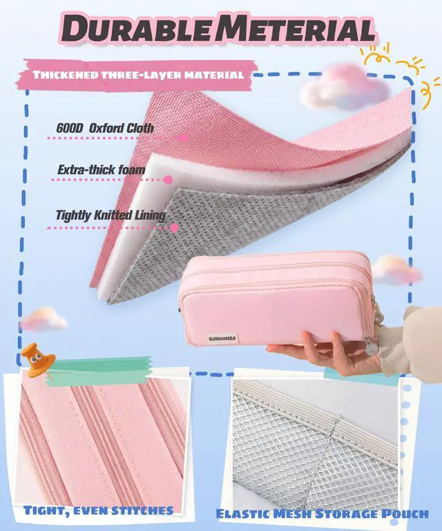 Alt view image 3 of 7 - Cute Pencil Case, 3 Large Compartments Pencil Pouch, Elastic Pen Slots&Mesh Pockets for Stationery, Pencil Bag for School Supplies with Zipper for Girls Boy Women Teens Adults-Pink