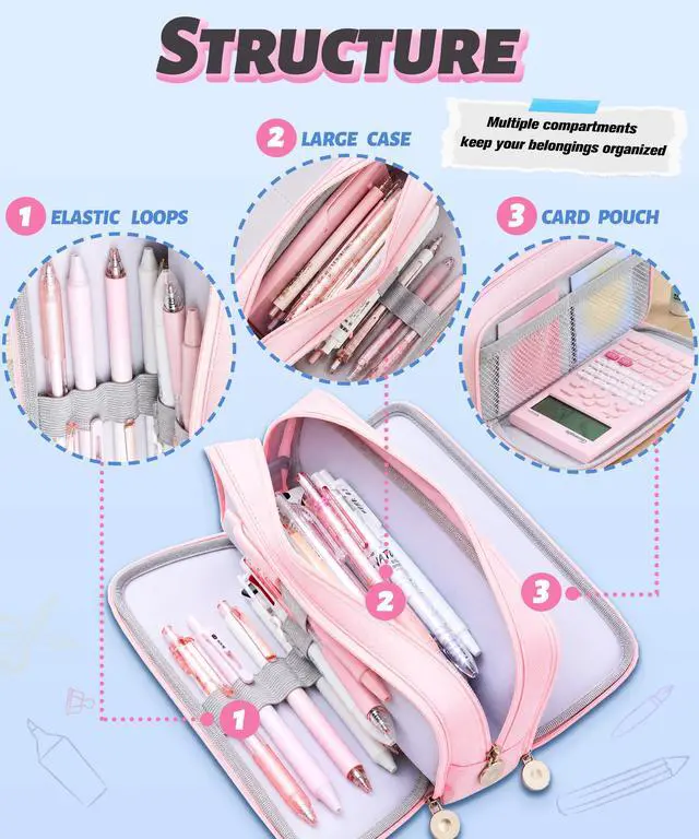 Alt view image 4 of 7 - Cute Pencil Case, 3 Large Compartments Pencil Pouch, Elastic Pen Slots&Mesh Pockets for Stationery, Pencil Bag for School Supplies with Zipper for Girls Boy Women Teens Adults-Pink