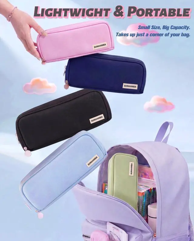 Alt view image 5 of 7 - Cute Pencil Case, 3 Large Compartments Pencil Pouch, Elastic Pen Slots&Mesh Pockets for Stationery, Pencil Bag for School Supplies with Zipper for Girls Boy Women Teens Adults-Pink