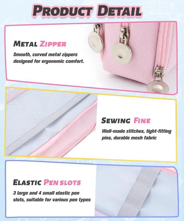 Alt view image 6 of 7 - Cute Pencil Case, 3 Large Compartments Pencil Pouch, Elastic Pen Slots&Mesh Pockets for Stationery, Pencil Bag for School Supplies with Zipper for Girls Boy Women Teens Adults-Pink