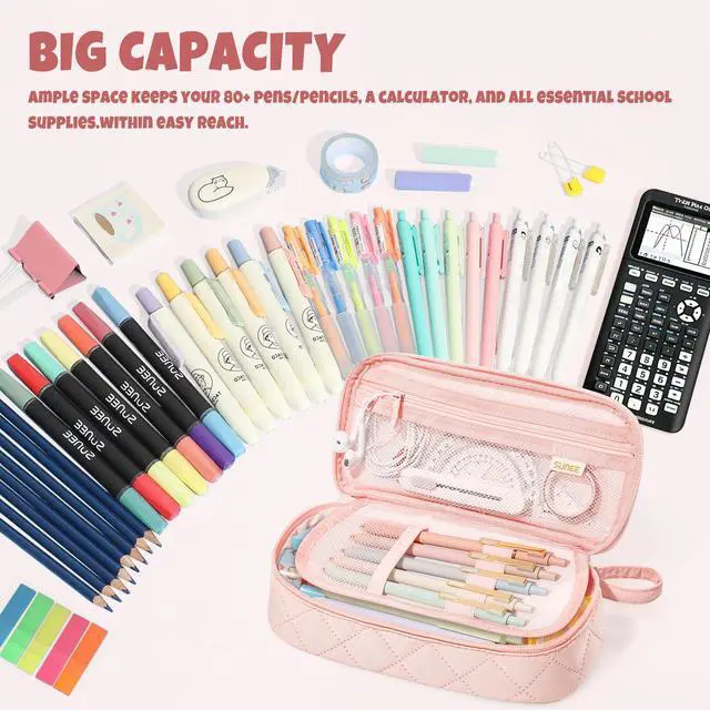 Alt view image 2 of 7 - Cute Pencil Case, Large Capacity Pencil Pouch Aesthetic Zipper Pencil Bag, Big Storage Pen Organizer for Stationery, Soft Quilted Pencil Box Back to School Supplies for Teen Girls Boys,Soft Pink