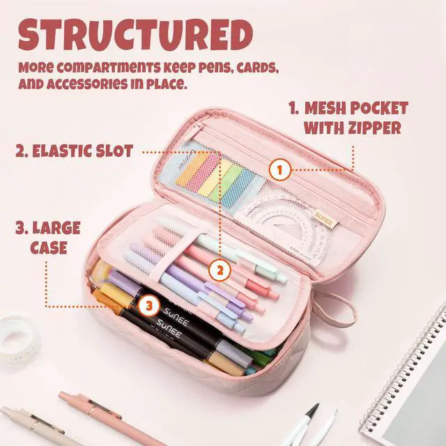 Alt view image 4 of 7 - Cute Pencil Case, Large Capacity Pencil Pouch Aesthetic Zipper Pencil Bag, Big Storage Pen Organizer for Stationery, Soft Quilted Pencil Box Back to School Supplies for Teen Girls Boys,Soft Pink