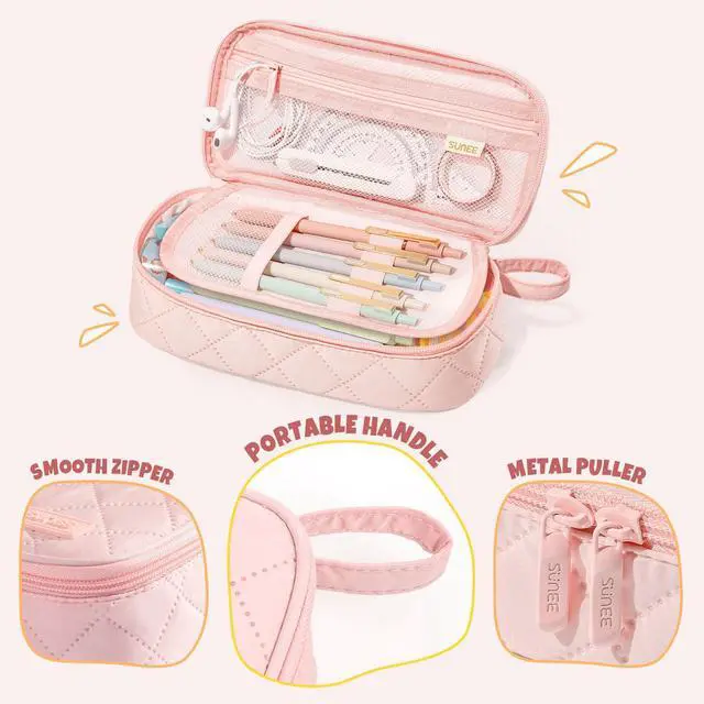 Alt view image 6 of 7 - Cute Pencil Case, Large Capacity Pencil Pouch Aesthetic Zipper Pencil Bag, Big Storage Pen Organizer for Stationery, Soft Quilted Pencil Box Back to School Supplies for Teen Girls Boys,Soft Pink