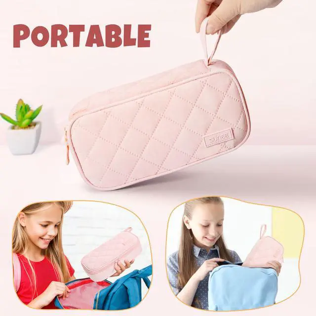 Alt view image 7 of 7 - Cute Pencil Case, Large Capacity Pencil Pouch Aesthetic Zipper Pencil Bag, Big Storage Pen Organizer for Stationery, Soft Quilted Pencil Box Back to School Supplies for Teen Girls Boys,Soft Pink