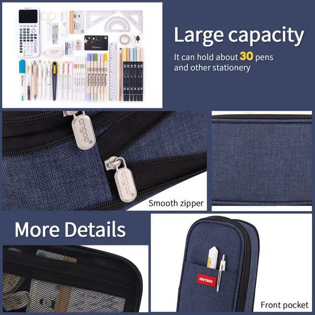 Alt view image 4 of 6 - Big Capacity Pencil Case Large Pencil Pouch Stationery Pen Bag for Teen Girls-Deep Blue