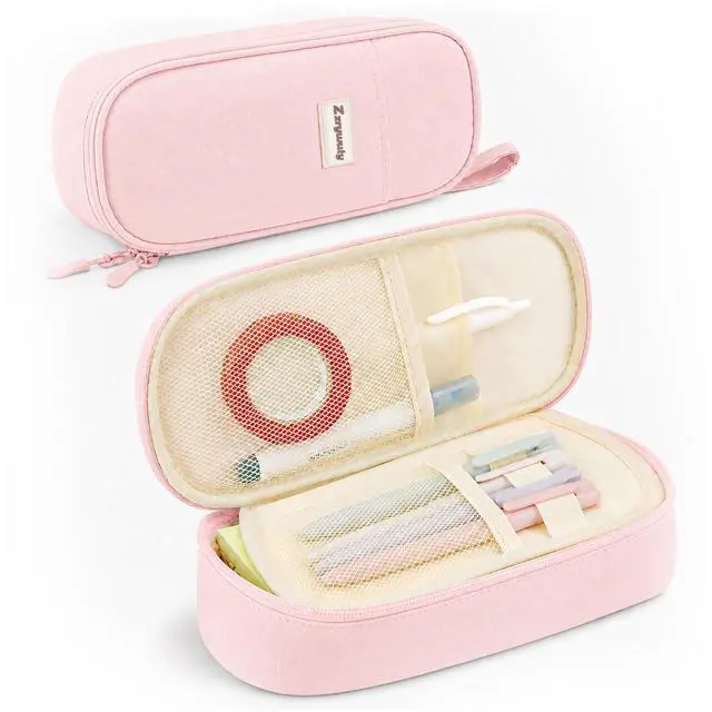 Main image of Large Pencil Case, Big Capacity Pencil Pouch Office College School Stationery Pen Bag for Teen Girl Boy Men Women, Pink