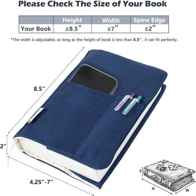 Alt view image 6 of 7 - Canvas Book Covers, Washable Book Protector, Book Cover for Paperback Novels, Adjustable Book Cover for Hardcover with Pockets for Pen, Soft Cover Books, Book Lovers Gifts