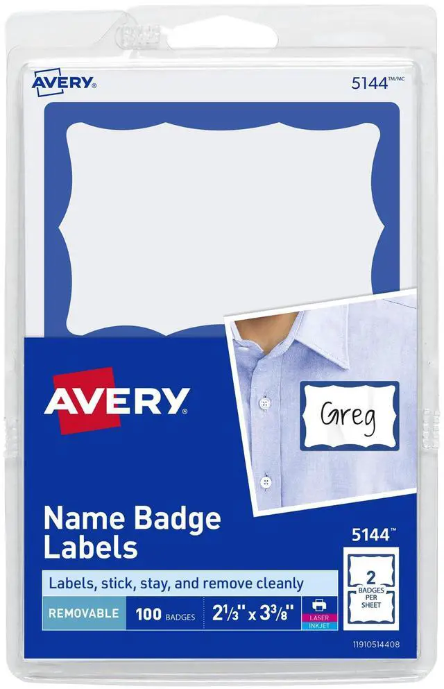 Main image of Customizable Name Tags, 2-1/3" x 3-3/8", White with Blue Border, Removable Adhesive, 100 Name Badge Labels Total, Great for Meetings, Events, and More (05144)
