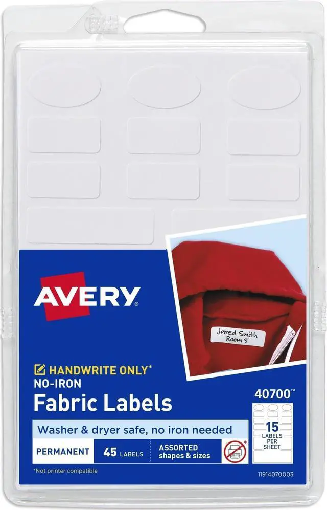 Main image of No-Iron Fabric Labels, Assorted Shapes and Sizes, Washer and Dryer-Safe Waterproof Labels, Non-Printable, 45 Total (40700)
