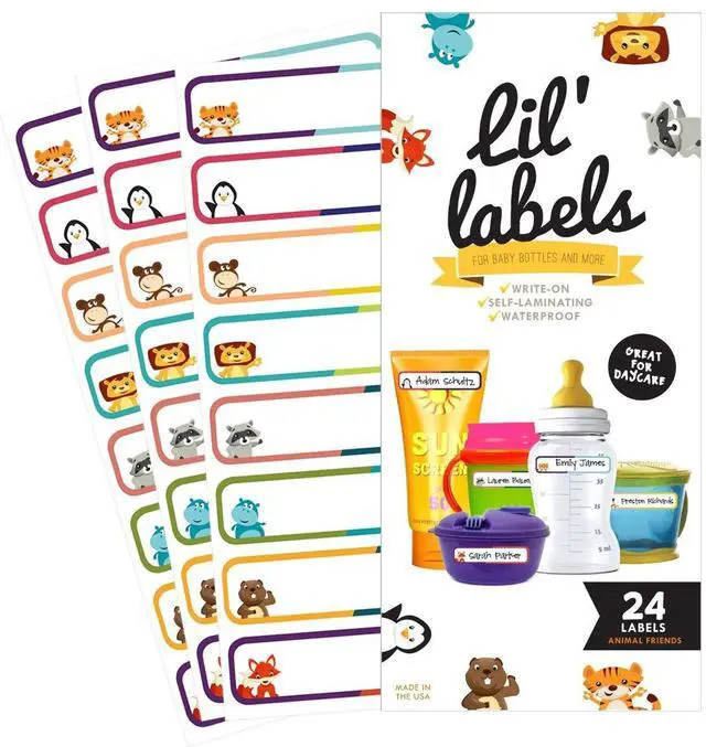 Main image of Bottle Labels, Write-On, Self-Laminating, Waterproof Kids Name Labels for Baby Bottles, Sippy Cup for Daycare School, Dishwasher Safe (Animal Friends), Made in The USA