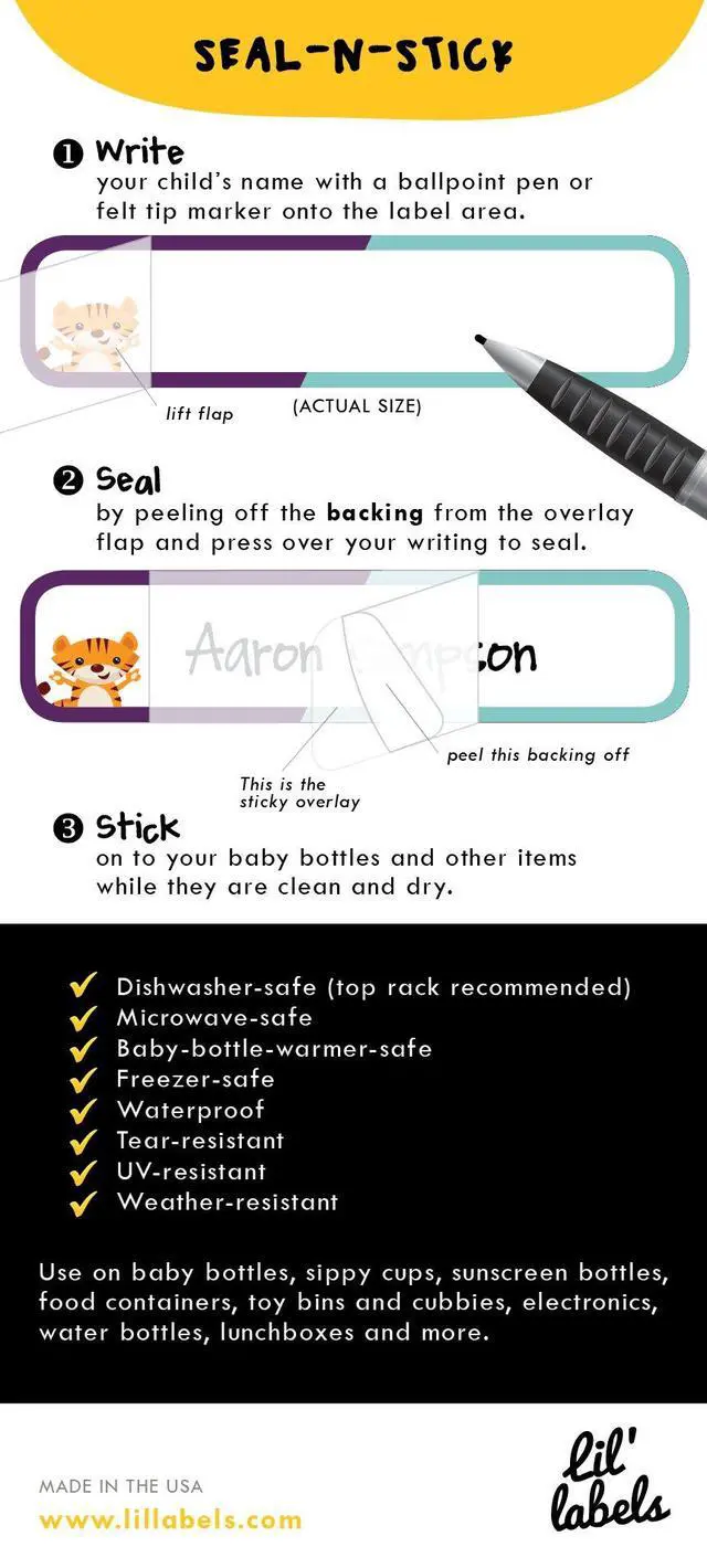 Alt view image 7 of 7 - Bottle Labels, Write-On, Self-Laminating, Waterproof Kids Name Labels for Baby Bottles, Sippy Cup for Daycare School, Dishwasher Safe (Animal Friends), Made in The USA